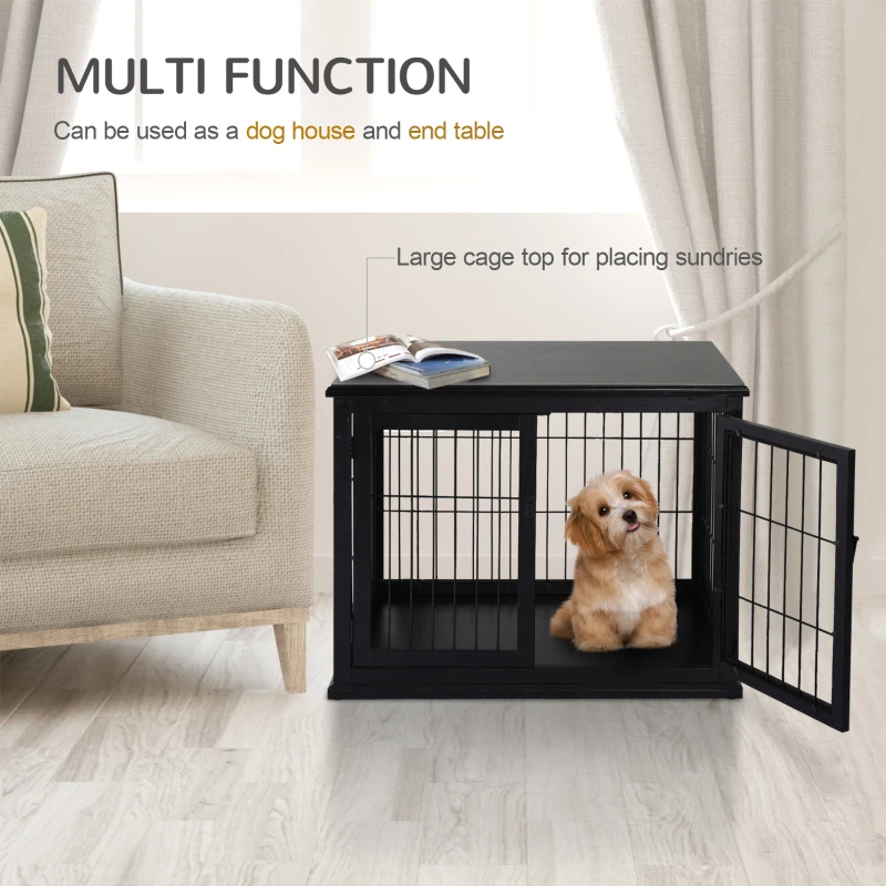 PawHut 26" Wooden Dog Cage with Double Door Entrance & Simple Modern Design, Black