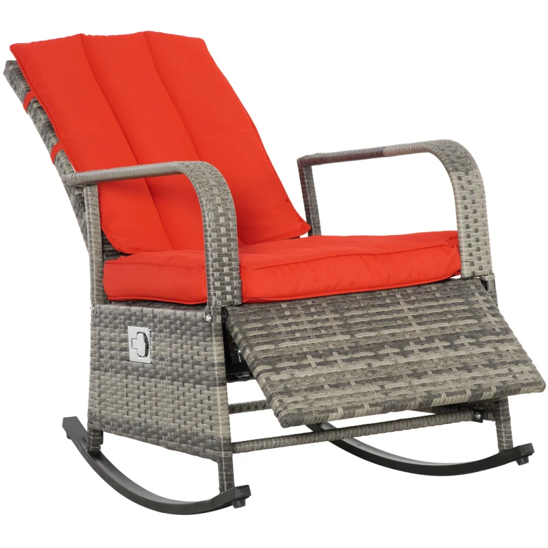 Outsunny Outdoor Wicker Rocking Chair with Cushion, Patio PE Rattan Recliner Chair with Adjustable Footrest, Armrests, Red