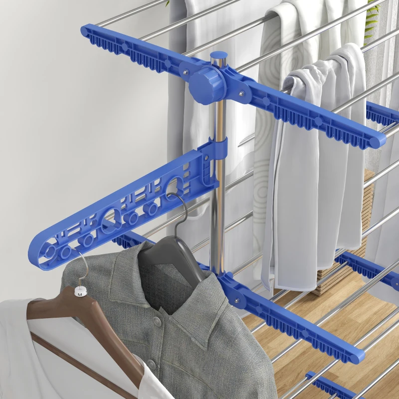HOMCOM Garment Drying Rack Stainless Steel Folding Clothes Hanging Rack with Side Wings Castors for Indoor Outdoor Blue