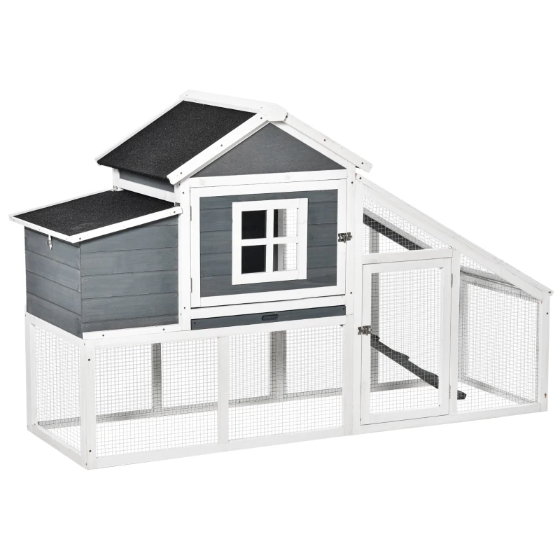 PawHut 69" Wooden Chicken Coop, Poultry Cage Hen House with Connecting Ramp, Removable Tray, Ventilated Window and Nesting Box, White