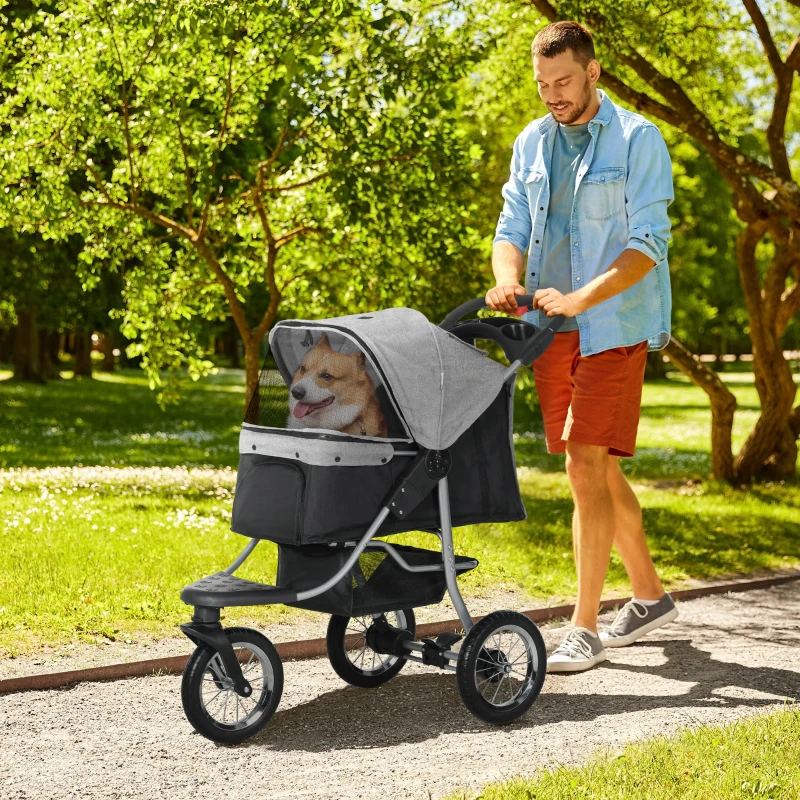 PawHut Luxury One-click Folding Pet Stroller Dog/Cat Travel Carriage with Wheels Adjustable Canopy Zippered Mesh Window Door Grey and Black