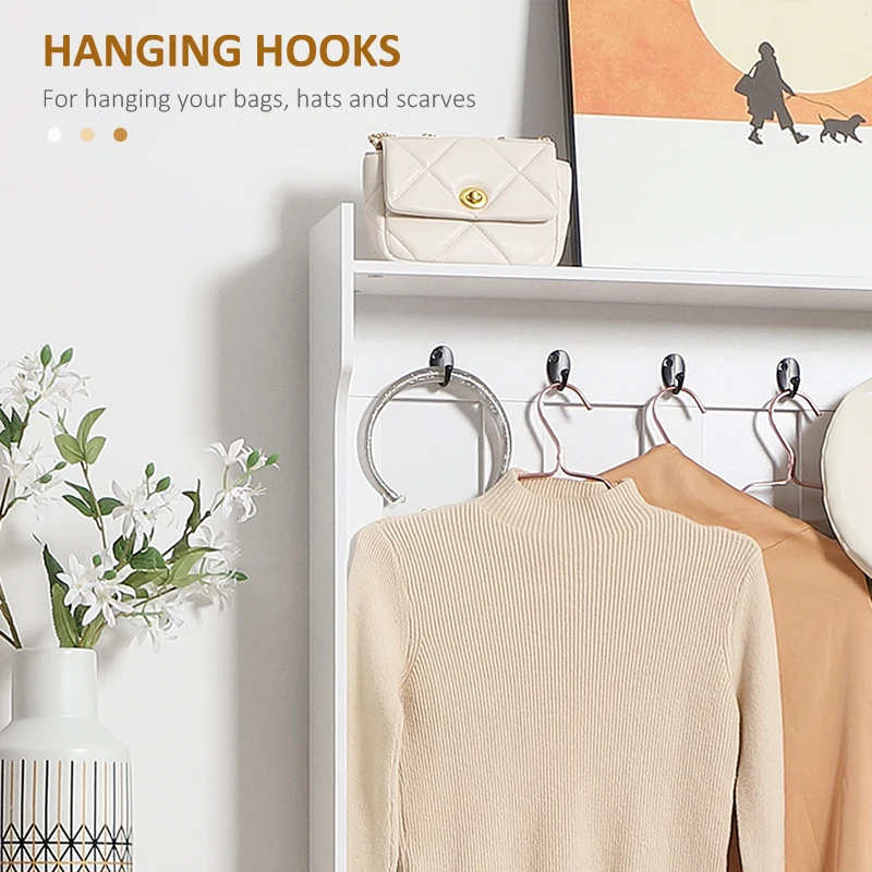 HOMCOM Modern Hall Tree, Entryway Coat Rack with Shoe Bench, 5 Hooks, Storage Shelf and Slatted Door Cabinet for Hallway, White