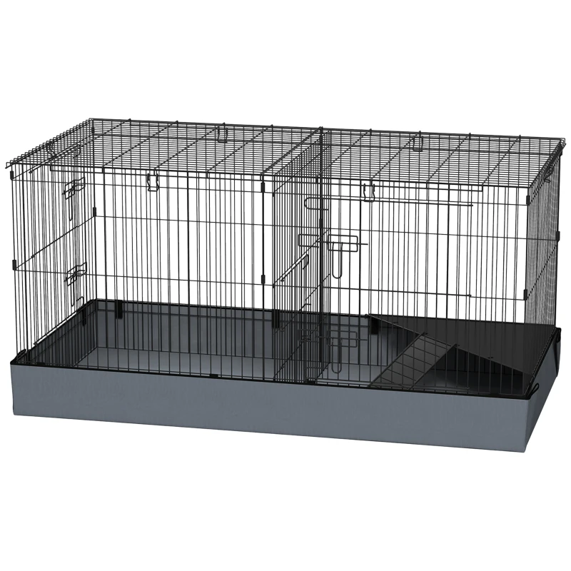 PawHut Guinea Pig Cage with Removable Top, 2 Separate Area, Waterproof Bottom Liner, Ramp, Perch, for Rabbits, Hedgehogs