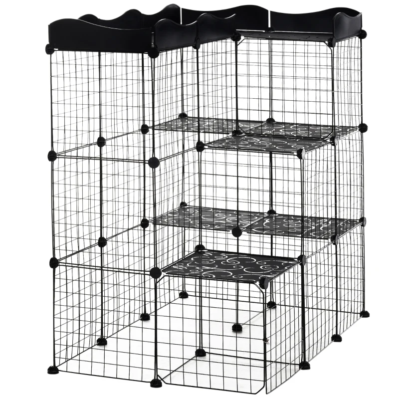 PawHut 40 Pcs Small Animal Cage Bunny Hutch Portable Metal Wire with Ramps for Kitten Rabbit, Black