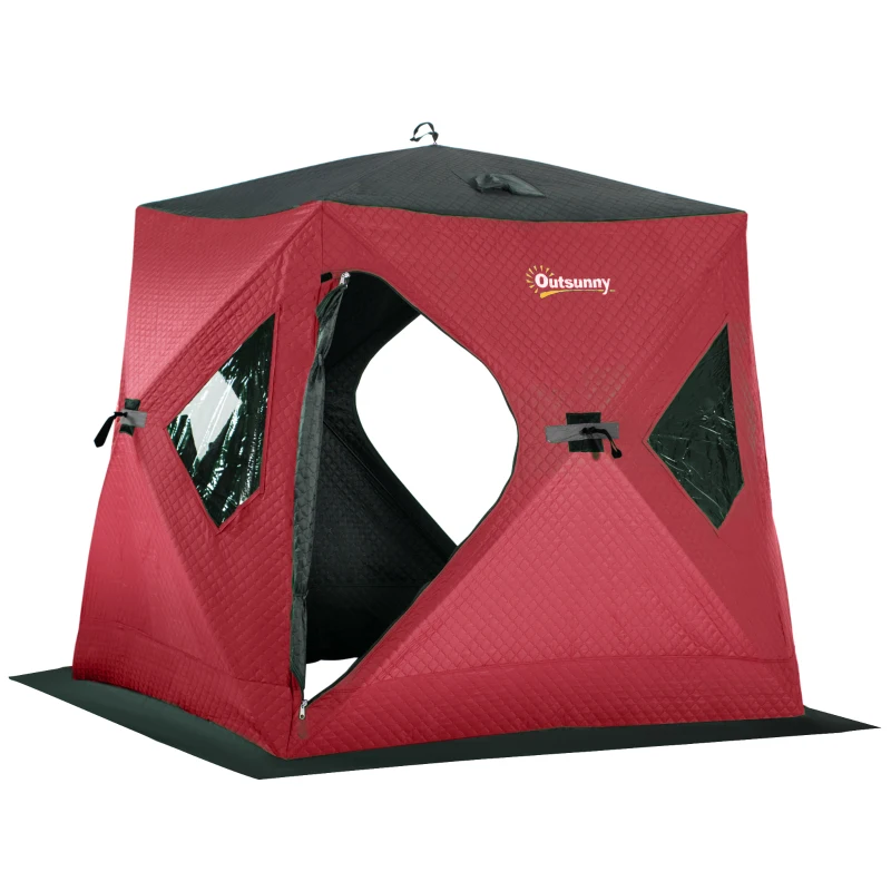 Outsunny 2 Person Insulated Ice Fishing Shelter Pop-Up Portable Ice Fishing Tent with Carry Bag and Anchors for Lowest Temps -22℉, Red