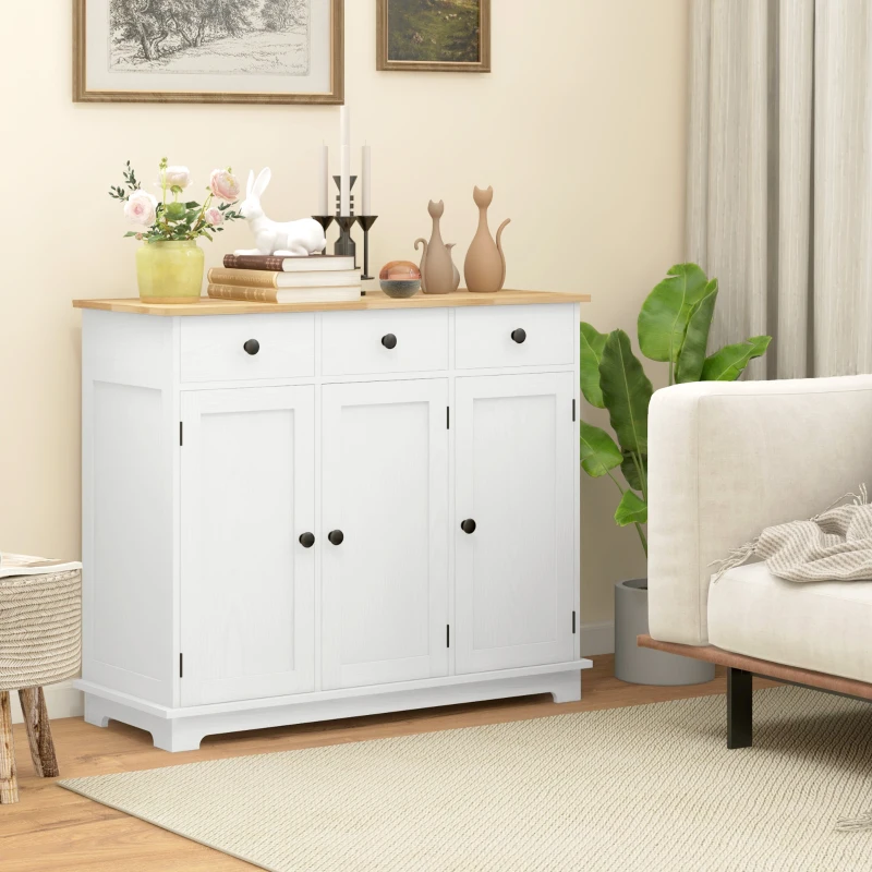 HOMCOM Kitchen Storage Cabinet, Sideboard Floor Cupboard with Solid Wood Top, Adjustable Shelf, and 3 Drawers, White