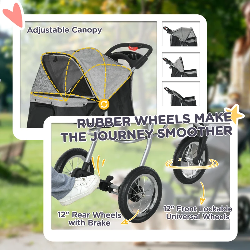 PawHut Luxury One-click Folding Pet Stroller Dog/Cat Travel Carriage with Wheels Adjustable Canopy Zippered Mesh Window Door Grey and Black