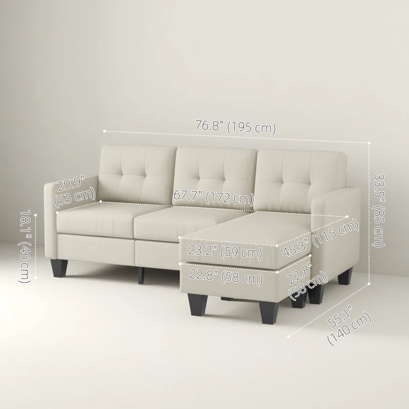 HOMCOM Small Corner Sofa, 3 Seater Sectional Couch with Ottoman, Corner Sofa with Thick Padded Cushion and Wood Legs, Beige