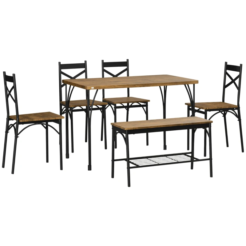 HOMCOM Industrial Dining Table Set for 6 People, 6 Piece Kitchen Table and Chairs Set, Dinner Table with Bench and Storage Shelf, Dinette Set, Rustic Brown