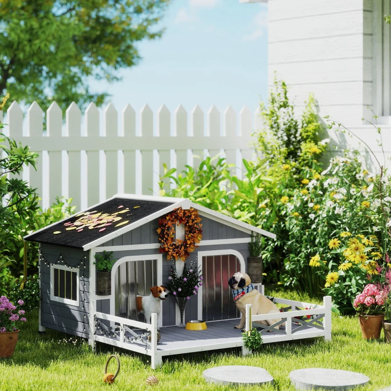 PawHut Dog House Outdoor, Wooden Dog Kennel Weatherproof with Porch, Openable Roof, Removable Bottom, Elevated Floor, Double Room for 2 Small to Medium Breeds, Gray