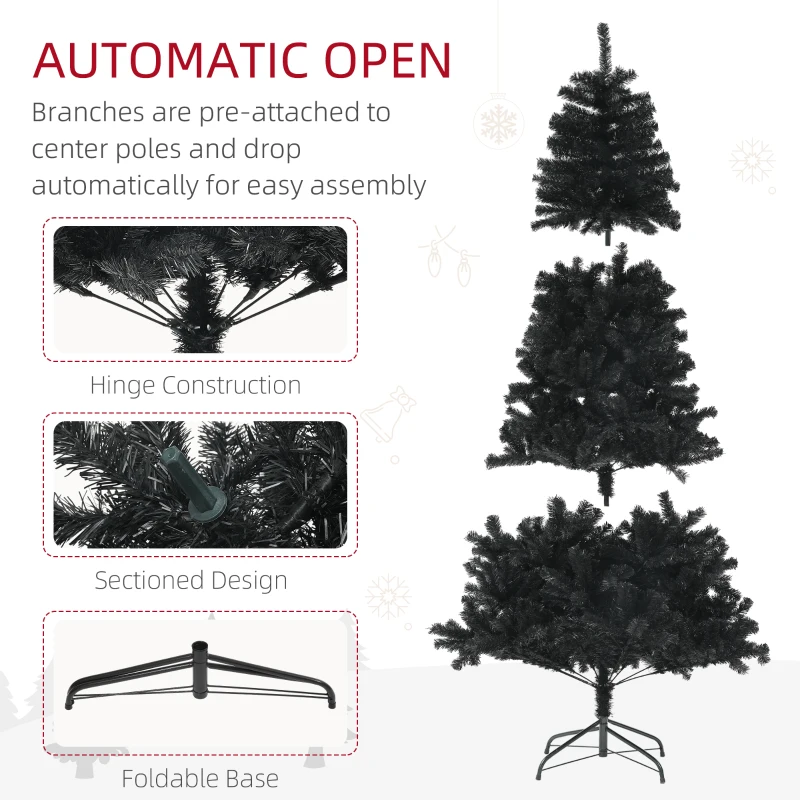 HOMCOM 7.5ft Unlit Artificial Black Christmas Tree, Holiday Décor with 1346 Branch Tips, Auto Open and Steel Base