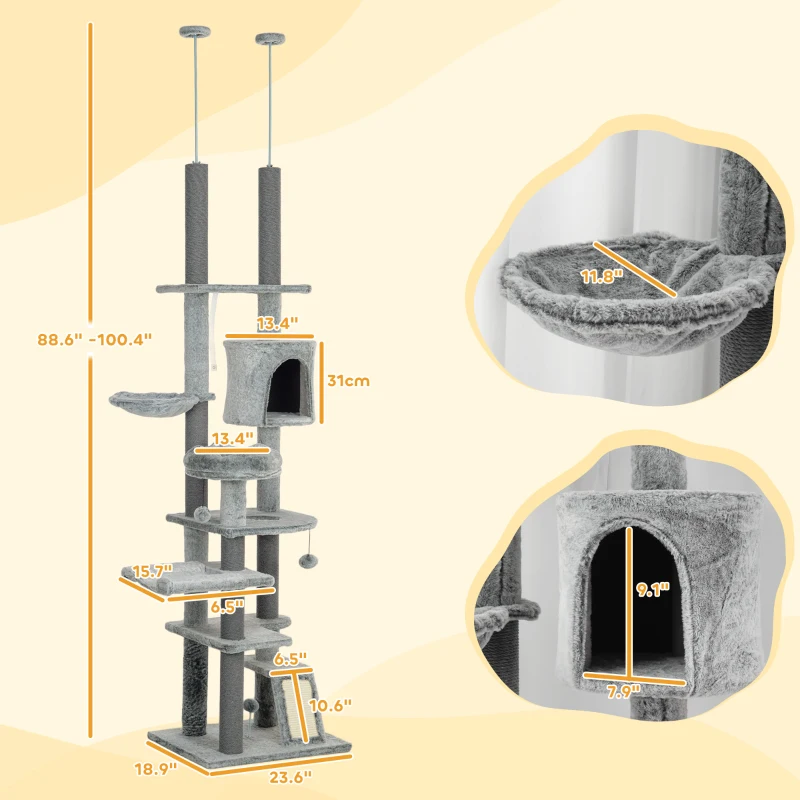 PawHut 89"-100" Floor to Ceiling Cat Tree for Indoor Cats, Activity Center with Cat Perch & Condo, Gray