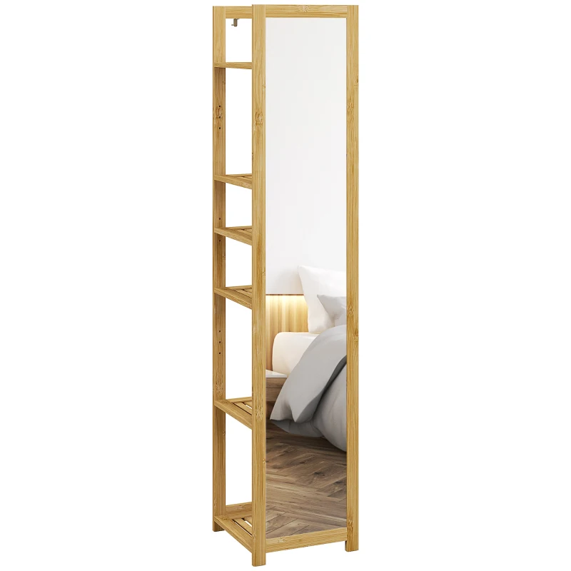HOMCOM 66" x 14" Standing Mirror with 6-Tier Shelf, Floor Mirror Full Body Mirror for Bathroom, Living Room, Nature Wood