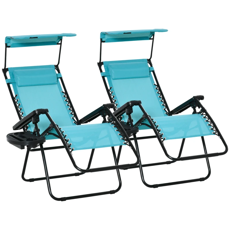Outsunny 2 Piece Foldable Lounge Chair with Canopy Shade, Outdoor Zero Gravity Chair w/ Side Tray & Cup Holder, Reclining Lounger w/ Breathable Mesh Fabric Seat, Pillow, Sky Blue