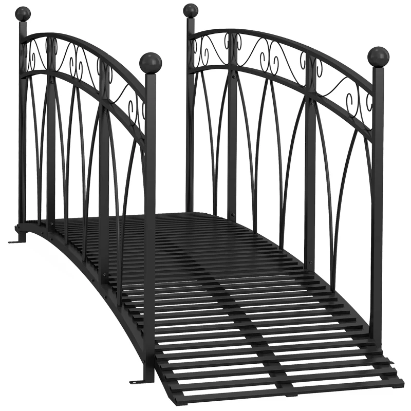 Outsunny 8' Metal Arch Garden Bridge Arc Footbridge with Guardrails and Decorative Scrollwork, Black