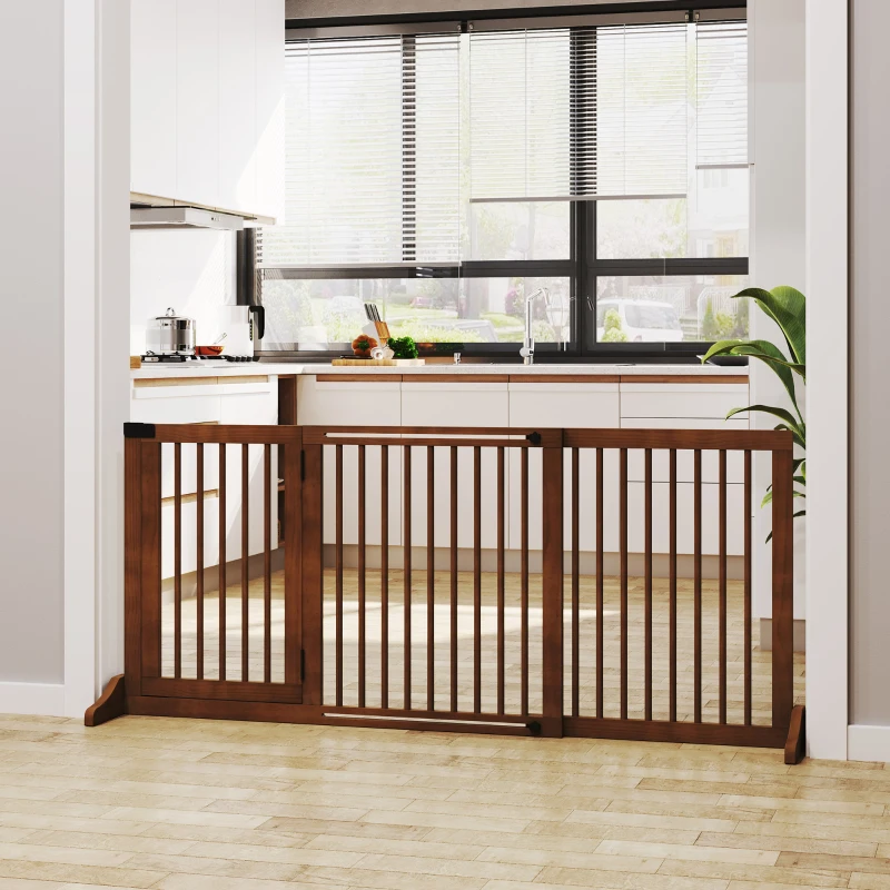 PawHut Freestanding Length Adjustable Wooden Pet Gate with Lockable Door 3 Panels, Brown