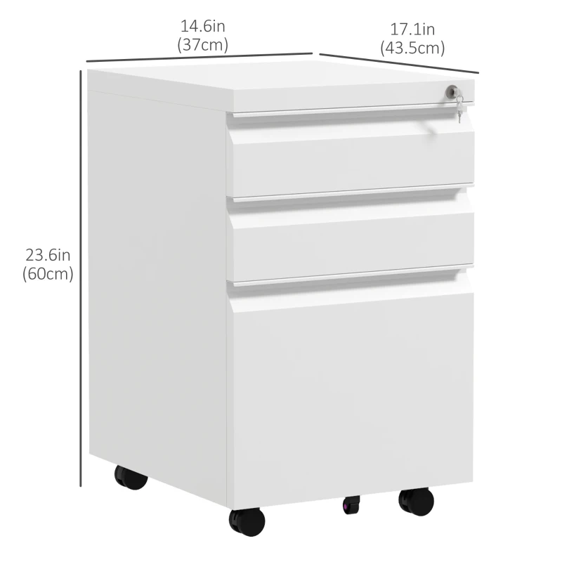 Vinsetto 3 Drawer File Cabinet with Lock, Steel Vertical Filing Cabinet with 5 Wheels and Hanging Bar for A4/Legal/Letter Size Files, Printer Stand with Pre-Assembled Body, White