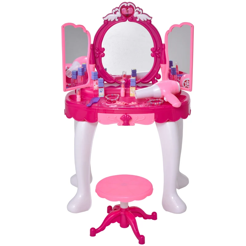Qaba Infrared Remote Control Kids Vanity Set, Girls Pretend Dressing Table Set with Magic Wand, Music, Lightening, Cosmetic Mirror, Hair Dryer and Makeup Accessories
