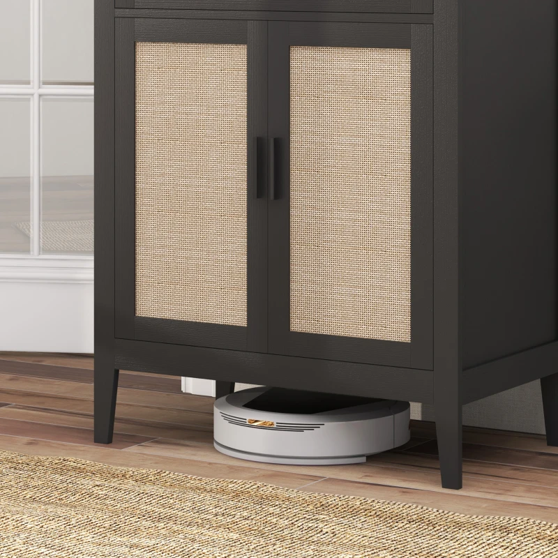 HOMCOM Kitchen Sideboard, Boho Storage Cabinet with 2 Rattan Decorated Doors and Drawer for Dining Room, Black