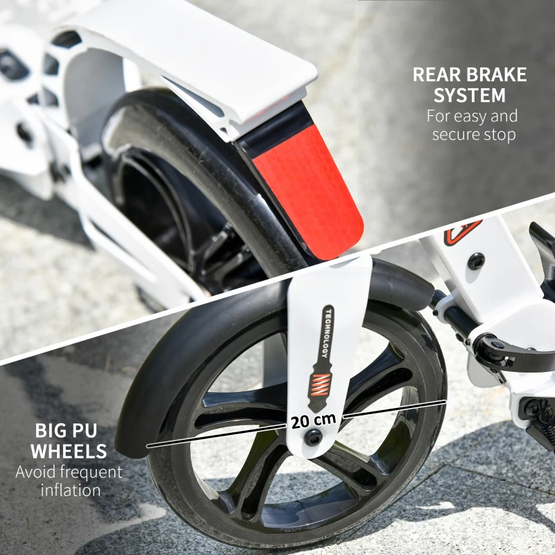 Soozier Foldable Kick Scooter Height Adjustable Ride On Bike with Real Wheel Brake, Dual Shock-Absorbing, Kickstand, and 7.75'' Big Wheels For 14+ Teens Adult, White