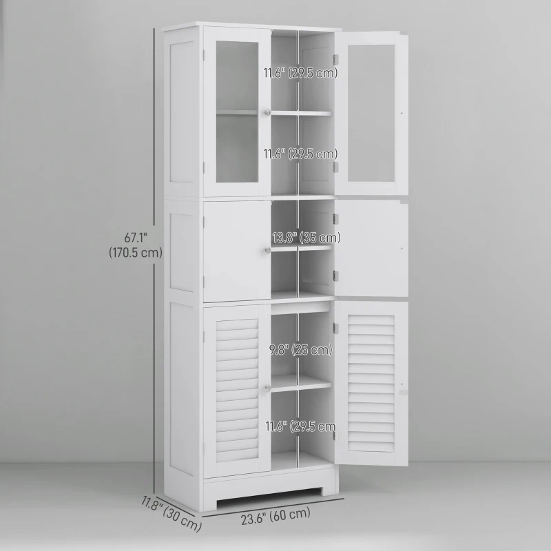 HOMCOM Freestanding Bathroom Cabinet with Glass/Louvred Doors, Tall Bathroom Cabinet for Kitchen, Study, Living Room