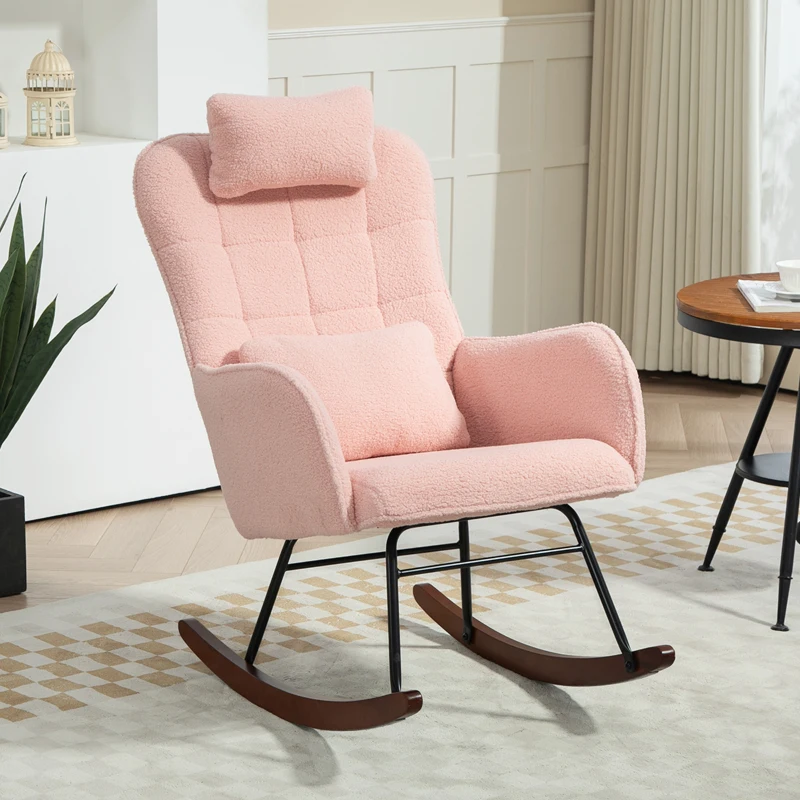 HOMCOM Nursery Rocking Chair with Headrest, Lumber Pillow, Nursing Chair with High Back for Living Room, Bedroom, Pink