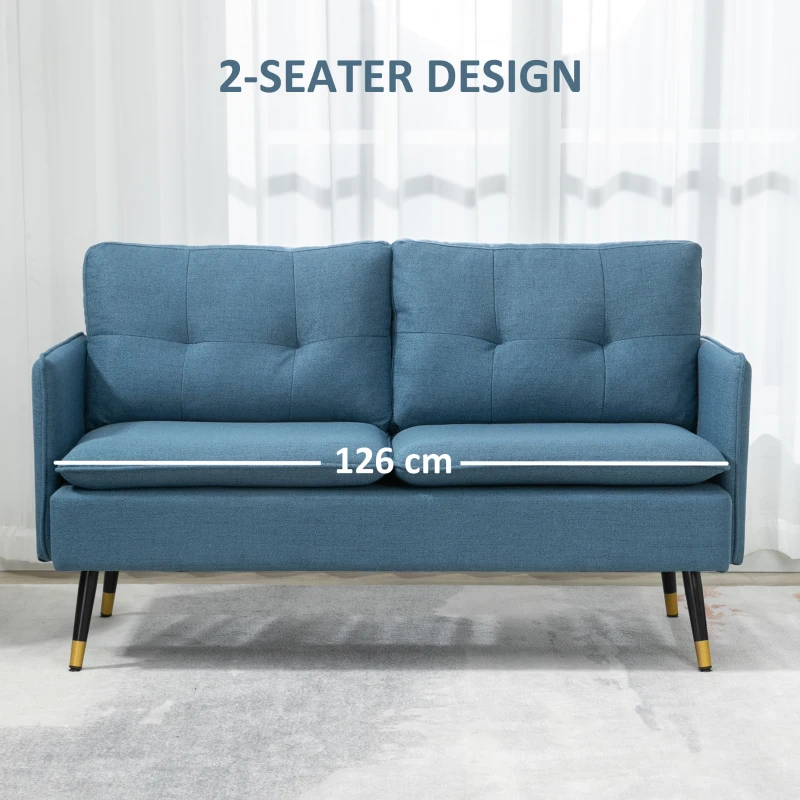 HOMCOM 55" Loveseat Sofa, Linen Love Seat w/ S spring, Steel Legs and Button Tufting, Small Couch for Living Room, Dark Blue
