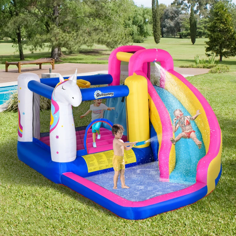 Outsunny Inflatable Water Slide Bounce House with Trampoline, Climbing Wall, Water Cannon, Basketball Hoop, Splash Pool, 450W Blower, Unicorn Themed Bouncy House for Kids 3-8 Years Old