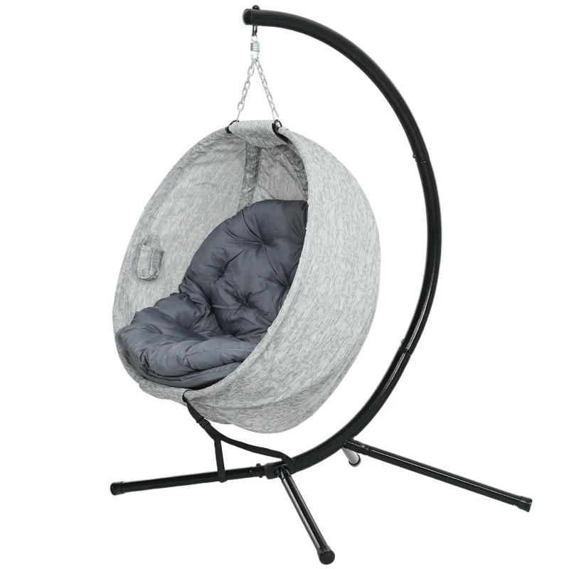 Outsunny Egg Chair with Folding Basket, Outdoor Indoor Hanging Swing Chair with Stand, Cushions for Patio, Balcony, Grey