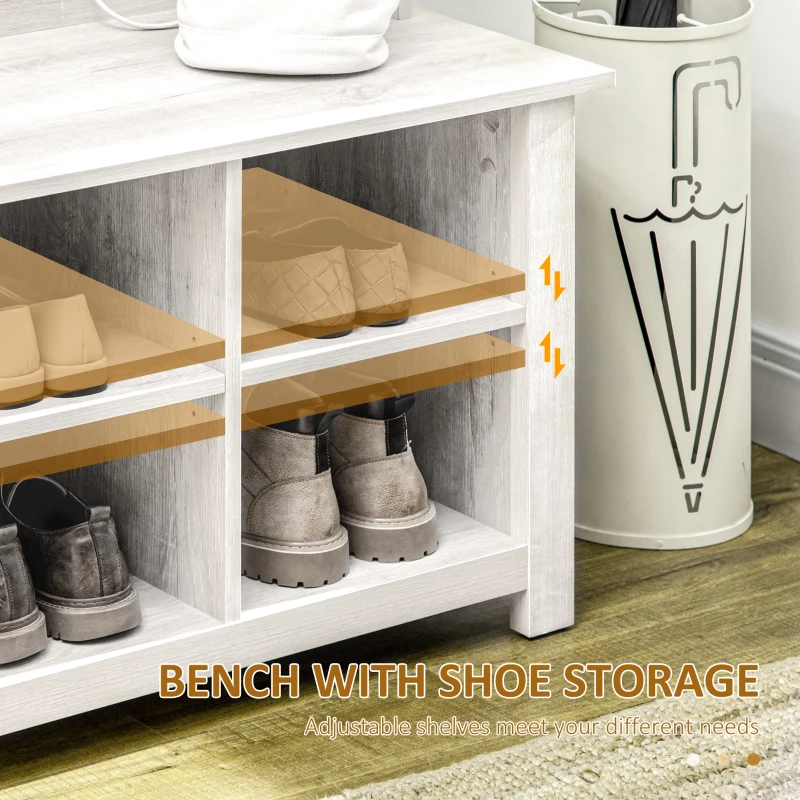 HOMCOM Classic Hall Tree, Accent Coat Tree with Shoe Storage Bench, Adjustable Shelves, 31.5" x 15.5" x 67.5", Distressed White