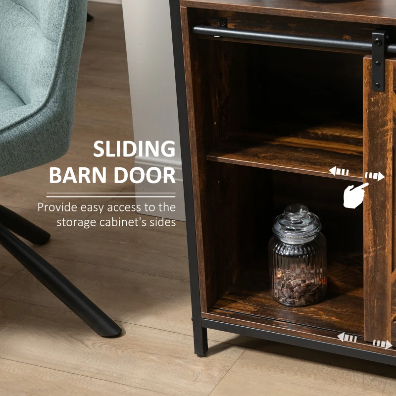 HOMCOM Industrial Sideboard Buffet Cabinet with Sliding Barn Doors, Coffee Bar Cabinet with Stemware Racks, Drawer and Adjustable Shelves for Kitchen, Rustic Brown