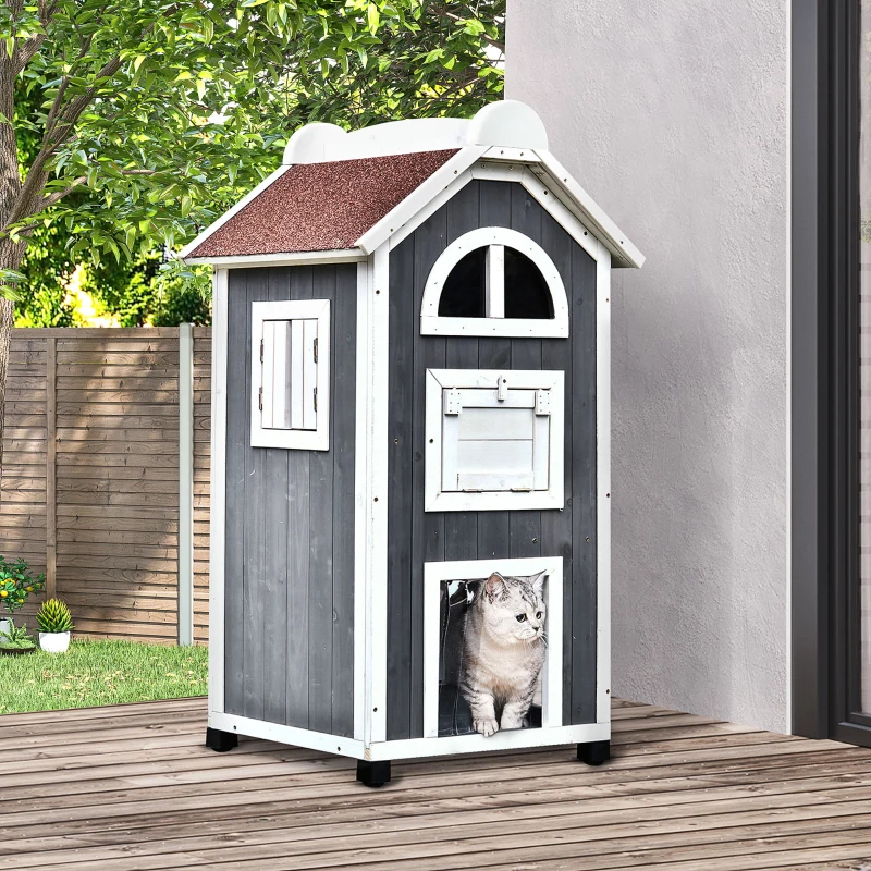 PawHut 43"H Wooden Cat House Outdoor with Hammock, Weatherproof 3-Floor Feral Cat Shelter with Escape Doors, Asphalt Roof, Inside Ladders, Gray
