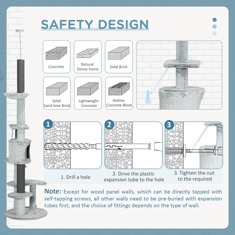 PawHut 89"-100" Floor to Ceiling Cat Tree w/ Hammock, Scratching Posts, Condo, Perches, Toy Ball, Anti-tip Kit, Grey