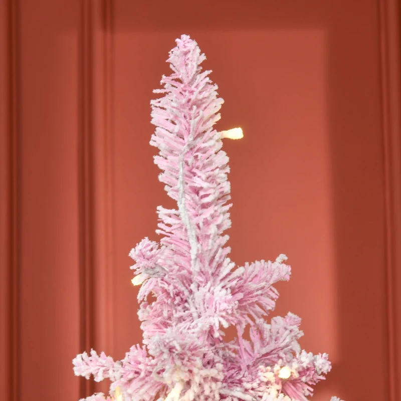 HOMCOM 6 Foot Prelit Snow Flocked Artificial Christmas Tree with Pencil Shape, 500 Pine Realistic Branches, Warm White LED lights, Auto Open, Pink and White
