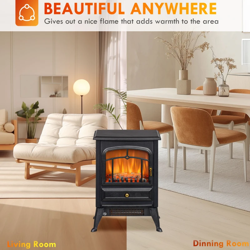 HOMCOM Fireplace Stove, Electric Fireplace Heater with Realistic LED Flames and Logs, 725W/1450W, Black