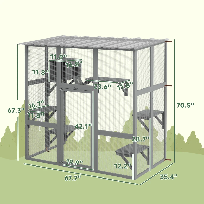 PawHut Catio Outdoor Cat Enclosure, Window Box Wooden Cat House with Bridge Platforms, Gray