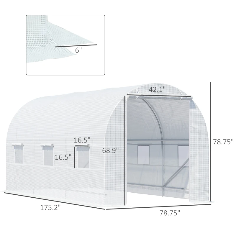 Outsunny 15' x 7' x 7' Walk-In Tunnel Greenhouse, Large Garden Hot House Kit with 6 Roll-up Windows & Roll Up Door, Steel Frame, White