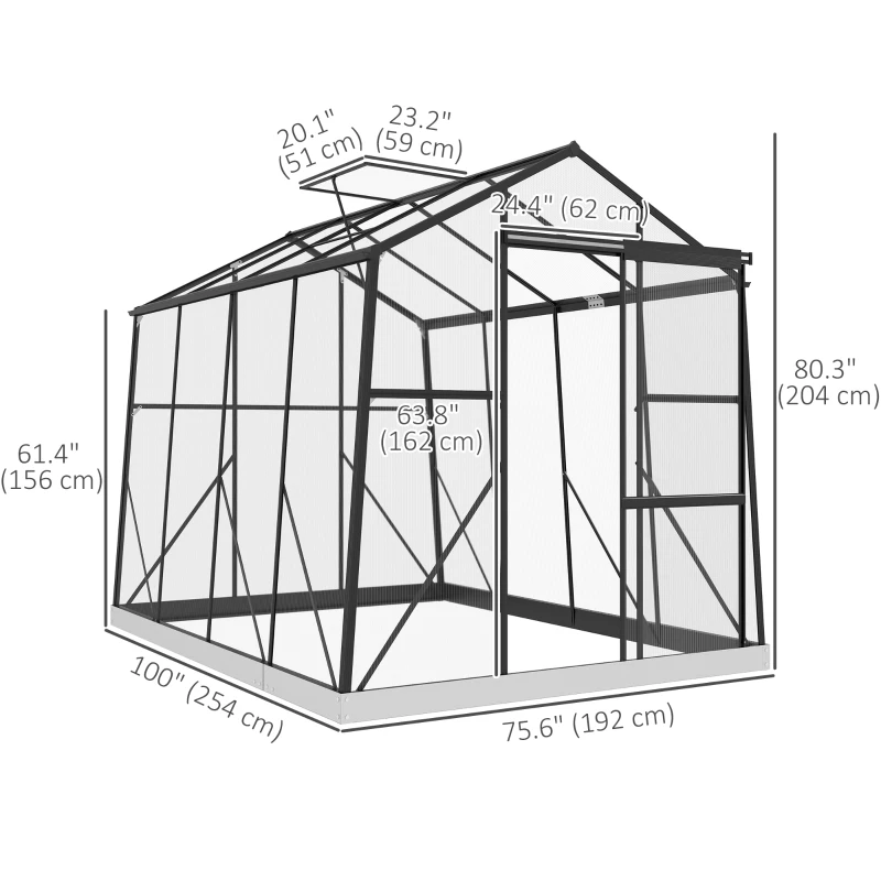 Outsunny 6' x 8' Walk-in Polycarbonate Greenhouse Aluminium Green House with Sliding Door, 5-Level Roof Vent, Rain Gutter