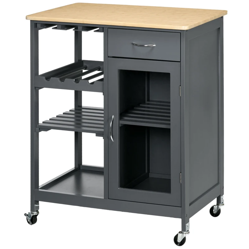 HOMCOM Rolling Kitchen Island with Storage, Kitchen Cart with 4-bottle Wine Rack, Bar Cart with Stemware Holder, Shelves, Drawer and Cabinet, Gray