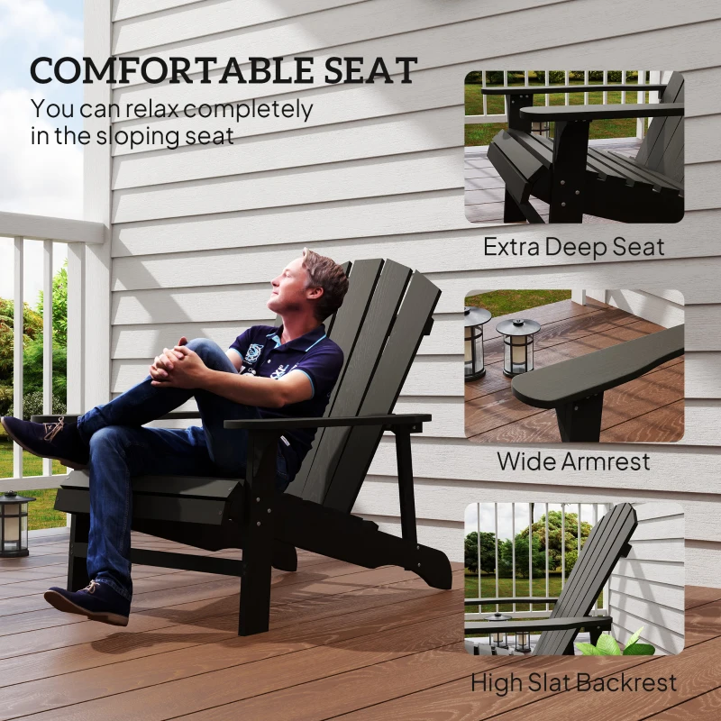 Outsunny Wood Adirondack Chair, Outdoor Patio Muskoka Chair with Slatted Design for Deck, Garden, Backyard, Fire Pit, Black