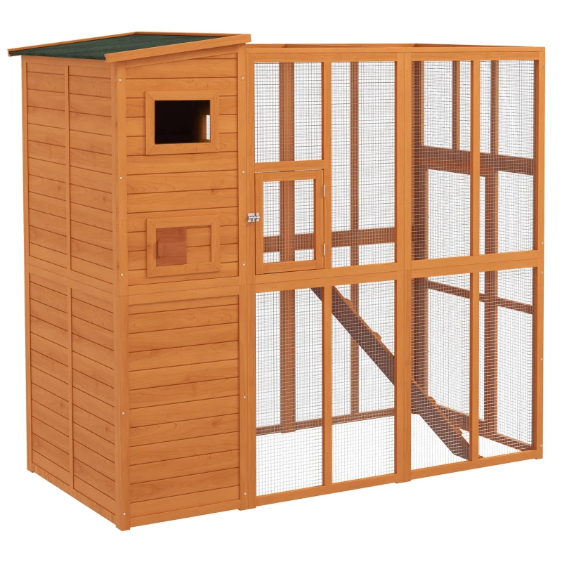 PawHut 68.75" H Cat Cage Large Wooden Outdoor Cat House with Large Run for Play, Catio for Lounging, and Condo Area for Sleeping, Natural