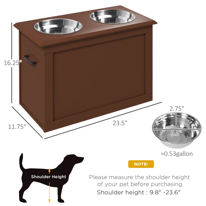PawHut Raised Bowl Dog Feeder with 2 Steel Bowls and Storage, Brown