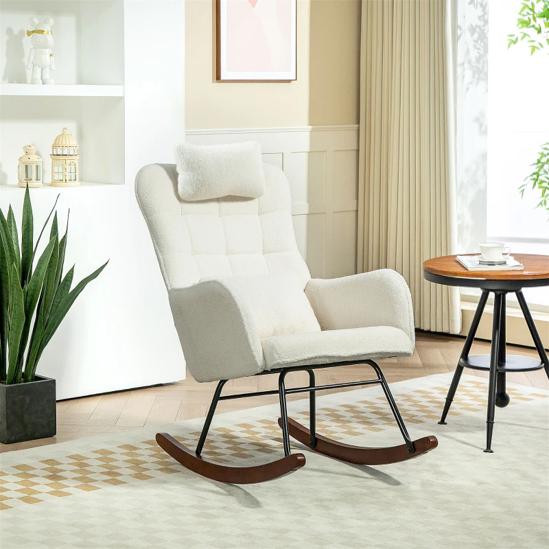 HOMCOM Nursery Rocking Chair with Headrest, Lumber Pillow, Nursing Chair with High Back for Living Room, Bedroom, Cream White