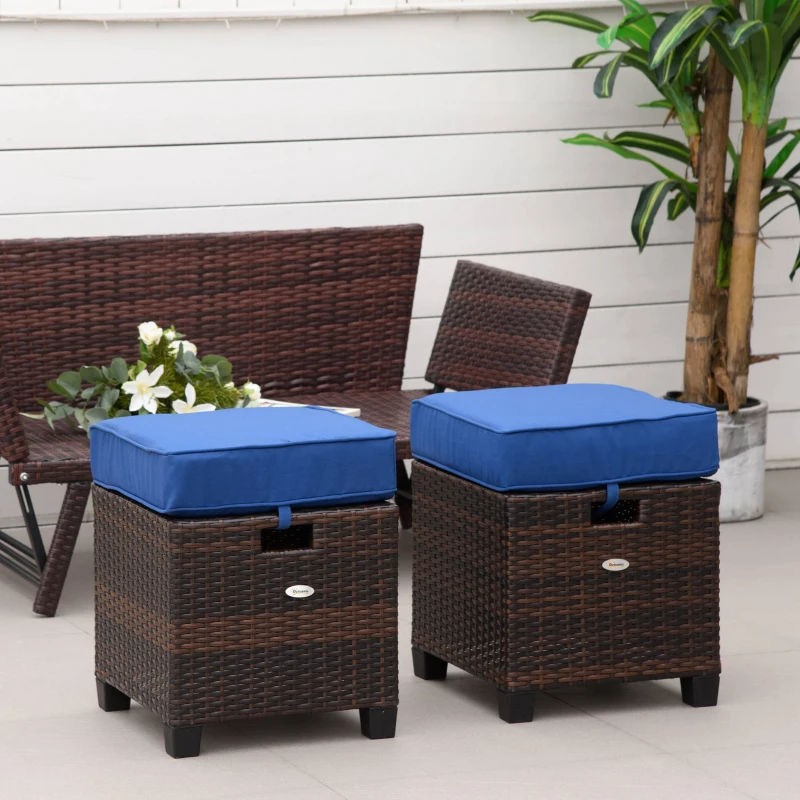 Outsunny 2 PCS Patio Wicker Ottoman Set, Two Square Outdoor PE Rattan Footrest with Removable Cushion, Freely Combined Furniture w/ Handle for Backyard, Garden, Poolside, Blue