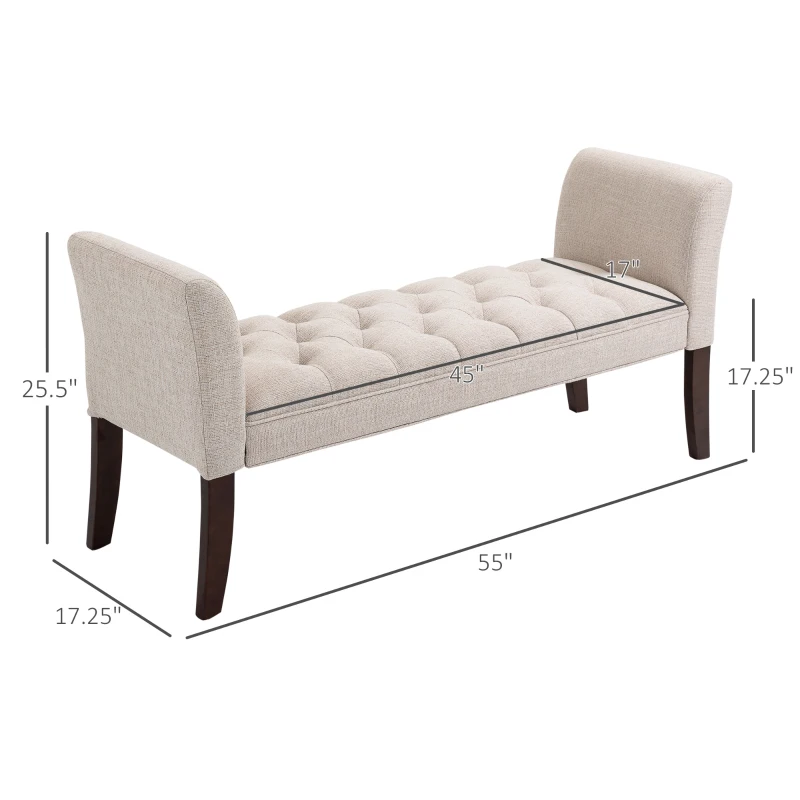 HOMCOM Upholstered Bedroom Bench with Button Tufted Design, End of Bed Bench with Arms and Solid Wood Legs, Beige