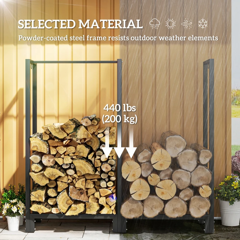 Outsunny 4ft Firewood Rack with Dual Space and Lock Rings, Steel Log Holder for Outdoor Indoor, Black