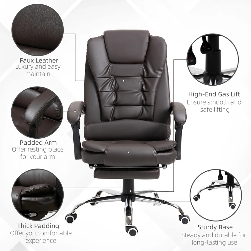 HOMCOM High Back Office Chair PU Leather Executive Office Chair with Retractable Footrest Padded Armrest Coffee