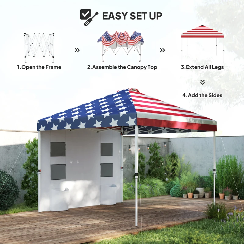Outsunny 10' x 10' Pop Up Canopy Tent w/ Sidewall, Height Adjustable Instant Sun Shelter w/ Storage Pockets, American Flag Print