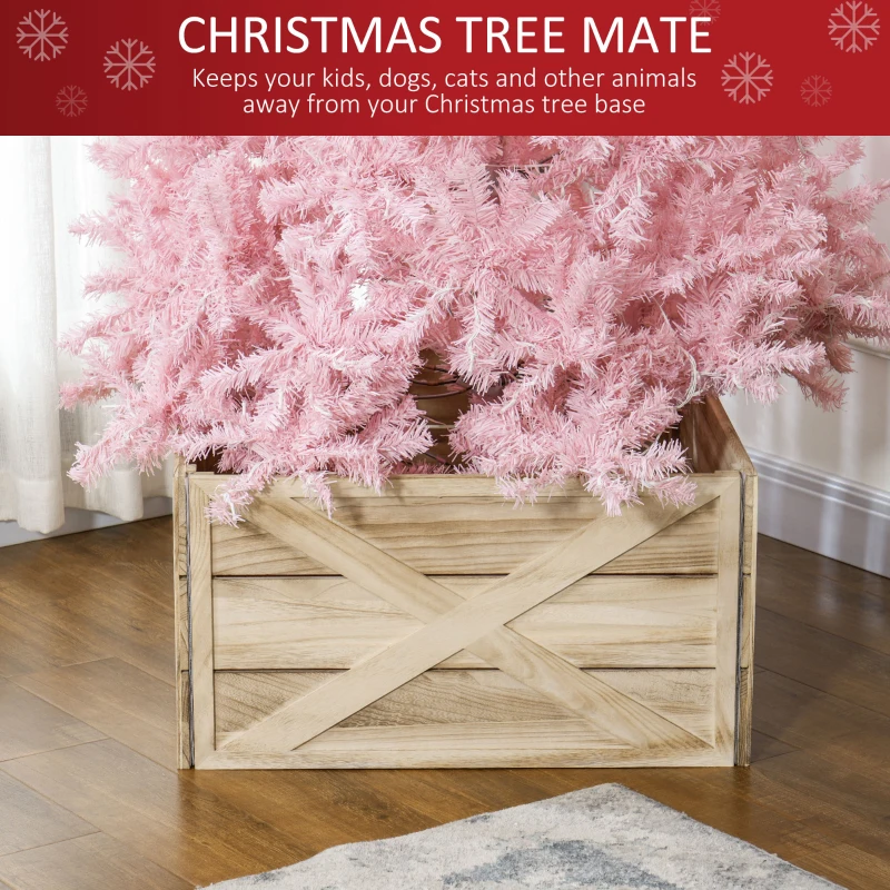 HOMCOM 28" Farmhouse Christmas Tree Base Cover Wooden Christmas Tree Collar Box Home Decoration, Light Distressed Wood Finish