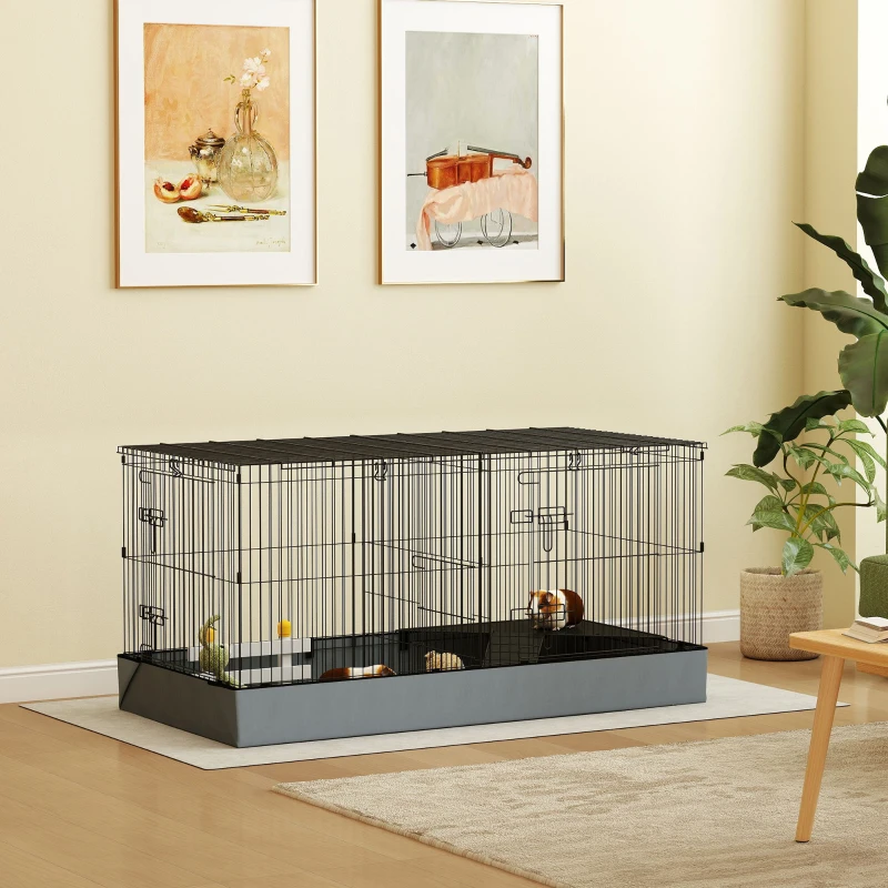 PawHut Guinea Pig Cage with Removable Top, 2 Separate Area, Waterproof Bottom Liner, Ramp, Perch, for Rabbits, Hedgehogs